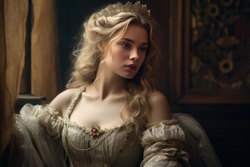 Obraz premium Young woman in a royal gown with a crown looking pensive