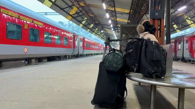 woman with backpack sitting at station platform waiting for train