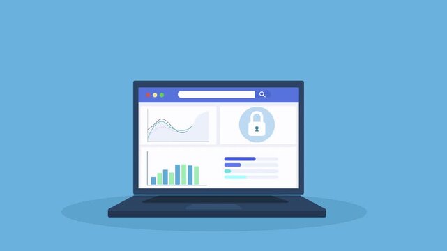 Animated laptop displaying password protection dashboard interface with charts and lock icon, representing secure login, data protection, and cybersecurity monitoring system.
