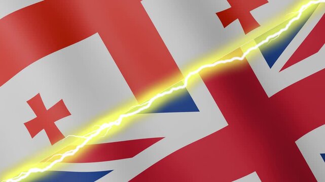 Two waving flags Georgia and United Kingdom with diagonal lightning seamless, 4k loop
