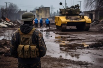 Obraz premium Soldier in tactical gear observing a destroyed city with a military vehicle