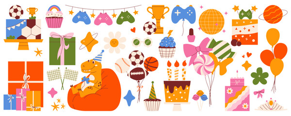 Kids and teens birthday big set with festive elements of gamer dinosaur, soccer cakes, disco ball, sports balls, gifts, cakes. Modern retro flat vector illustration for teenagers party invite, poster © Coxic25