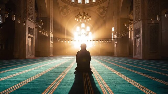 A lone person kneels in prayer inside a grand mosque illuminated by sunlight streaming through ornate windows
