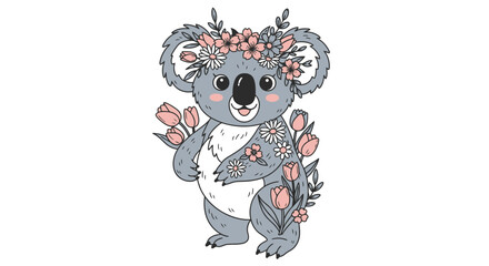 Fototapeta premium Koala with flower crown and bouquet in pastel colors