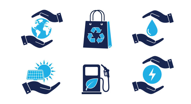 Environmental protection and sustainability icons set. Flat simple illustrations of save the planet, eco fuel, green energy and solar power. logo template, Glyph solid icon, Blue icon  - Editable icon