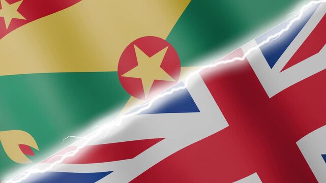 Two waving flags Grenada and United Kingdom with diagonal lightning seamless, 4k loop