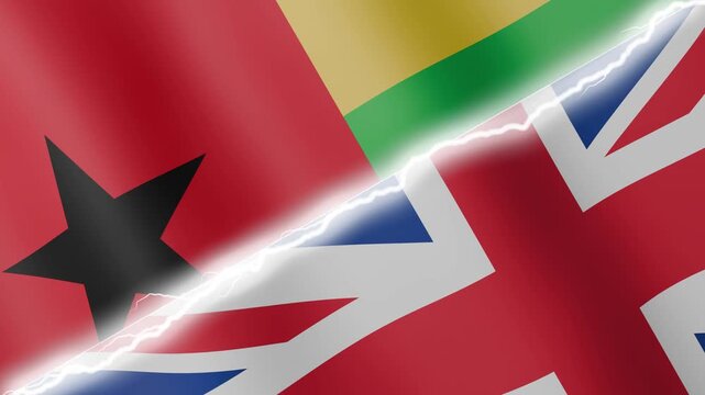 Two waving flags Guinea Bissau and United Kingdom with diagonal lightning seamless, 4k loop