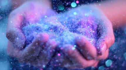 Fototapeta premium Hands hold colorful glitter in a dark space during a creative moment
