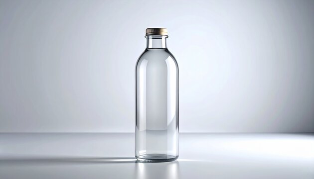 A clear glass bottle stands upright on a surface indoors.