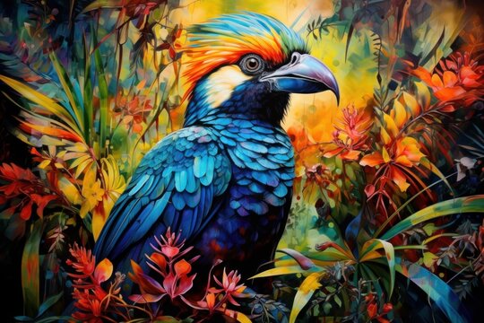 Vibrant exotic feathered bird standing among lush, abstract jungle foliage