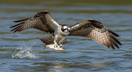 Fototapeta premium Osprey Carrying Fish Over Calm Lake
