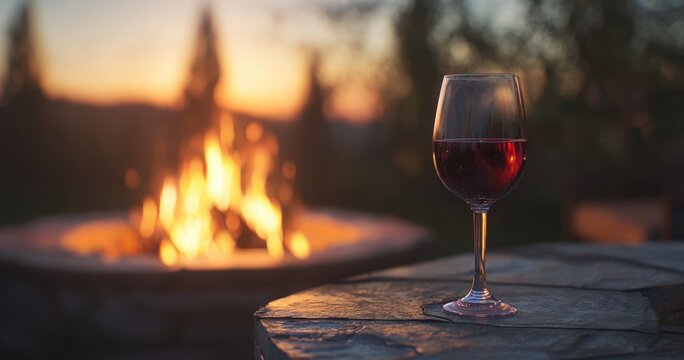 The wine glass by a glowing firepit on a stone patio at sunset