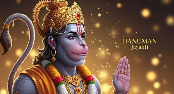 Hanuman Jayanti hindu god blessing portrait with golden crown and sacred tilak divine spiritual illustration for festival greeting and devotional poster
