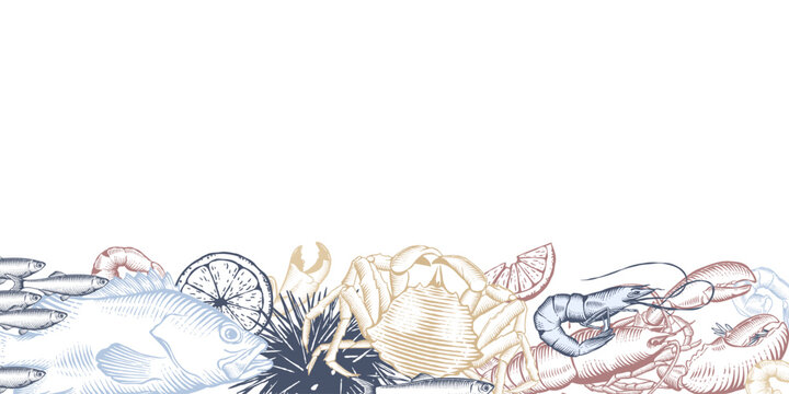 Hand drawn seafood and fish in line art style. Decorative elements for menus, invitations, or maritime themed designs. Vector illustration
