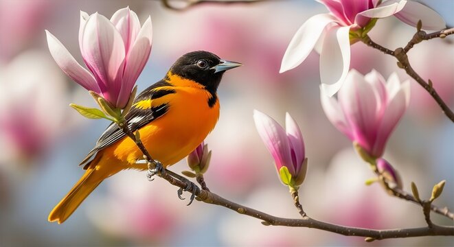 Baltimore Oriole on Blooming Magnolia Branch