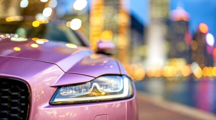 Bright city lights reflect off a sleek car near a waterfront at dusk