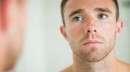 Fototapeta premium Man looking at himself in mirror in bathroom while thinking about his day