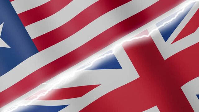 Two waving flags Liberia and United Kingdom with diagonal lightning seamless, 4k loop