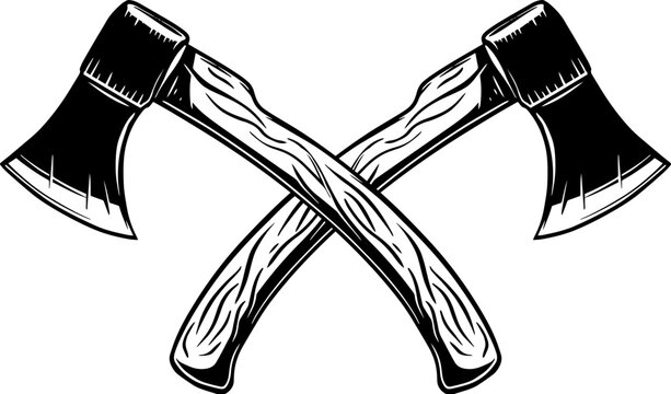 A black and white vector illustration of two crossed hatchets. This detailed, vintage-style woodcutting tool silhouette is ideal for carpentry and outdoor adventure logos.