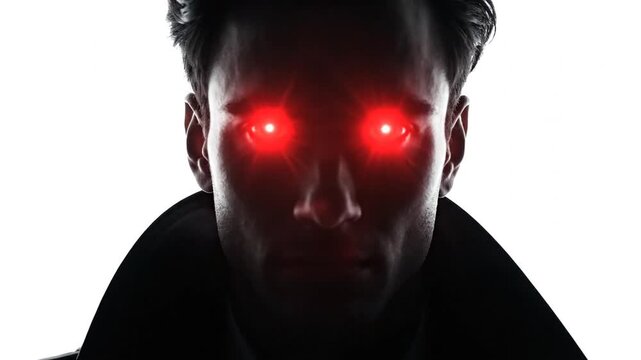 Intense Close-Up Portrait of a Man with Fiery Red Eyes Glowing in Darkness