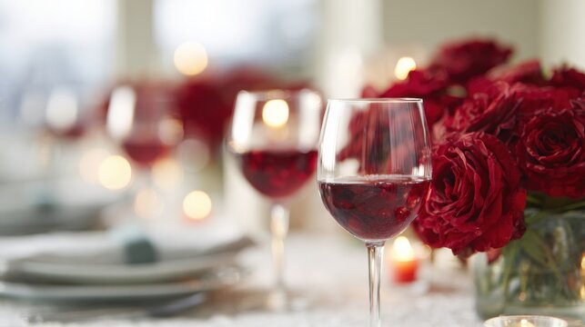 Dining table set for a romantic evening with wine and roses