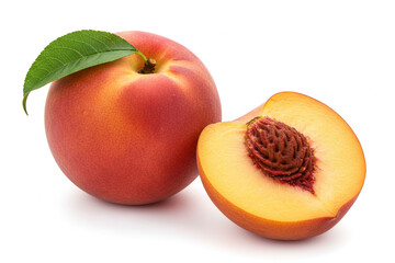 Juicy Peach Delight: A close-up shot showcasing the natural beauty of ripe peaches, one whole and one halved to reveal the succulent interior and seed.