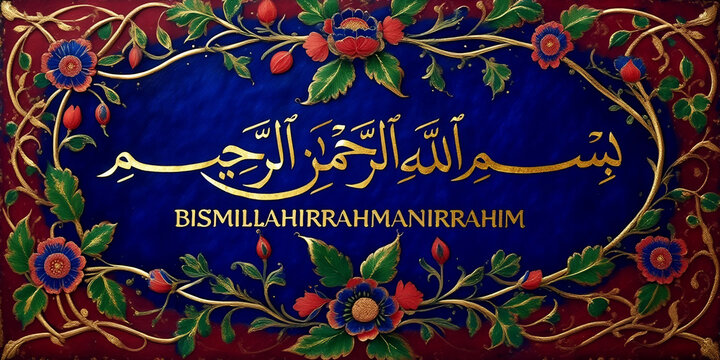 Golden Arabic Calligraphy Bismillahir Rahmanir Rahim with Floral Border islam religion