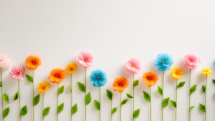 白い背景に一列に並ぶカラフルな手作り風のペーパーフラワー、春の訪れや祝福を感じさせる明るくミニマルなデザイン背景