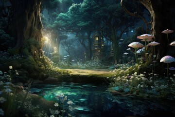 Obraz premium Magical forest scene featuring giant mushrooms, sparkling pond, and illuminated fairy homes at night