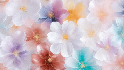 パステルカラーの繊細な花々が重なり合う幻想的な抽象背景、水彩画のような筆致と柔らかな光が調和する美しいフローラルアート
