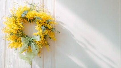 白い木の壁に掛けられた鮮やかなミモザのリース、淡い緑のリボンと柔らかな太陽の光が差し込む春のインテリア背景