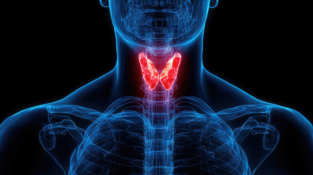 Anatomically accurate red 3D image of the thyroid gland inside the throat of a transparent blue hologram of the human body on a black background, X-ray, endocrinology, larynx