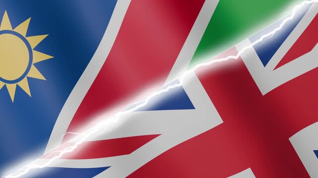 Two waving flags Namibia and United Kingdom with diagonal lightning seamless, 4k loop