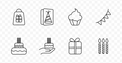 Fototapeta premium Birthday set icon. Gift bag, party hat card, cupcake, bunting, layered cake, hand with cake, wrapped gift, candles, all outlined in celebration visuals.