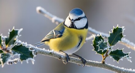 Fototapeta premium Blue Tit on Frosted Holly Branch