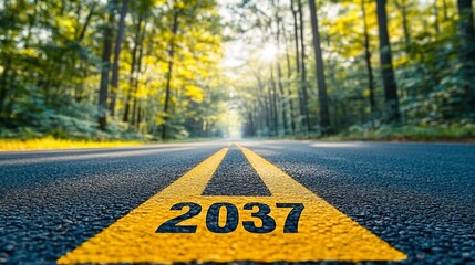 Open Road Leading to a Bright Future, Asphalt Journey with Year 2037 Painted on Scenic Path