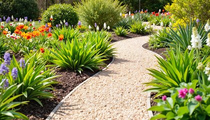 clean, well-defined gravel garden path winding through a vibrant spring garden