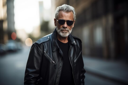 Senior man with a gray beard and sunglasses wearing a black leather jacket in an urban setting