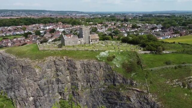 Cinematic Aerial Orbit of Old St Nicholas Church Ruins Front View