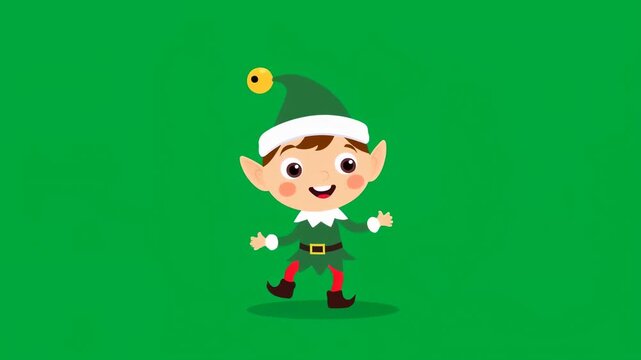 Animated cheerful elf character dancing against a vibrant green background. Represents holiday spirit, joy, and festive celebrations