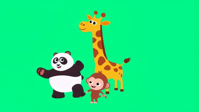 Colorful animated animals including a panda, giraffe, and monkey dancing together. Engaging characters for children's entertainment and educational content