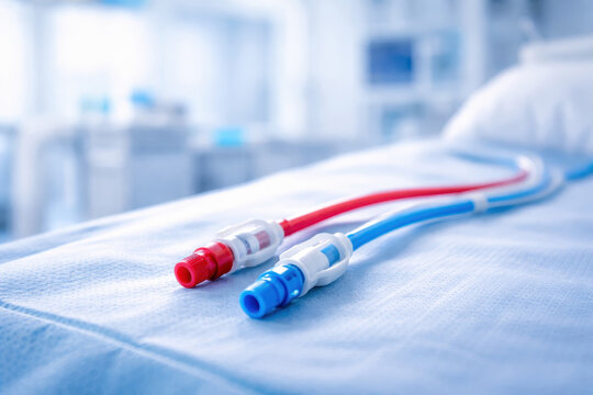 Dialysis catheter medical tube nephrology concept hospital bed intensive care surgery healthcare blue red medical connector lying on clean hospital bed surface in soft clinical light