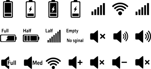Battery Power Level, WiFi Signal Strength, and Volume Control Status Icon Vector Set