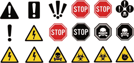Safety Hazard Warning Signs and Danger Symbols Vector Set including Caution, Stop, and Biological Icons