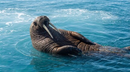 Majestic Walrus with Tusks Swimming in Blue Arctic Ocean Water

