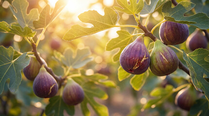 Gros plan sur des figues violettes m&ucirc;res et fendues sur les branches d'un figuier dans un verger baign&eacute; par la lumi&egrave;re dor&eacute;e du soleil