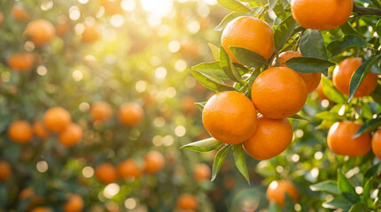 Gros plan sur des mandarines m&ucirc;res et orang&eacute;es suspendues &agrave; une branche dans un verger d'agrumes ensoleill&eacute; avec un effet de bokeh lumineux