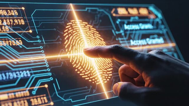 Human finger touching glowing biometric fingerprint scanner on digital screen for security access