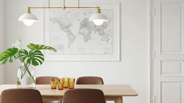 Minimalist dining room interior with white paneled wall, framed world map print, brass pendant lights, wooden table, brown chair and green houseplant in soft daylight