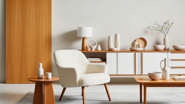 Sunlit Scandinavian living room interior with white armchair, light wood side table, minimalist cabinet and ceramic decor, soft shadow pattern on beige wall, nobody